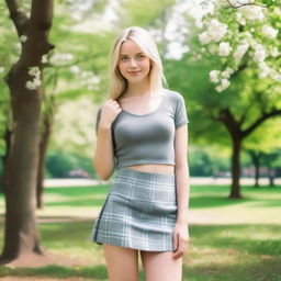 A blonde woman with blue eyes, in a park