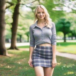 A blonde woman with blue eyes, in a park