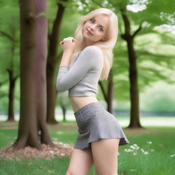 A blonde woman with blue eyes in a park, wearing a very short grey plaid skirt