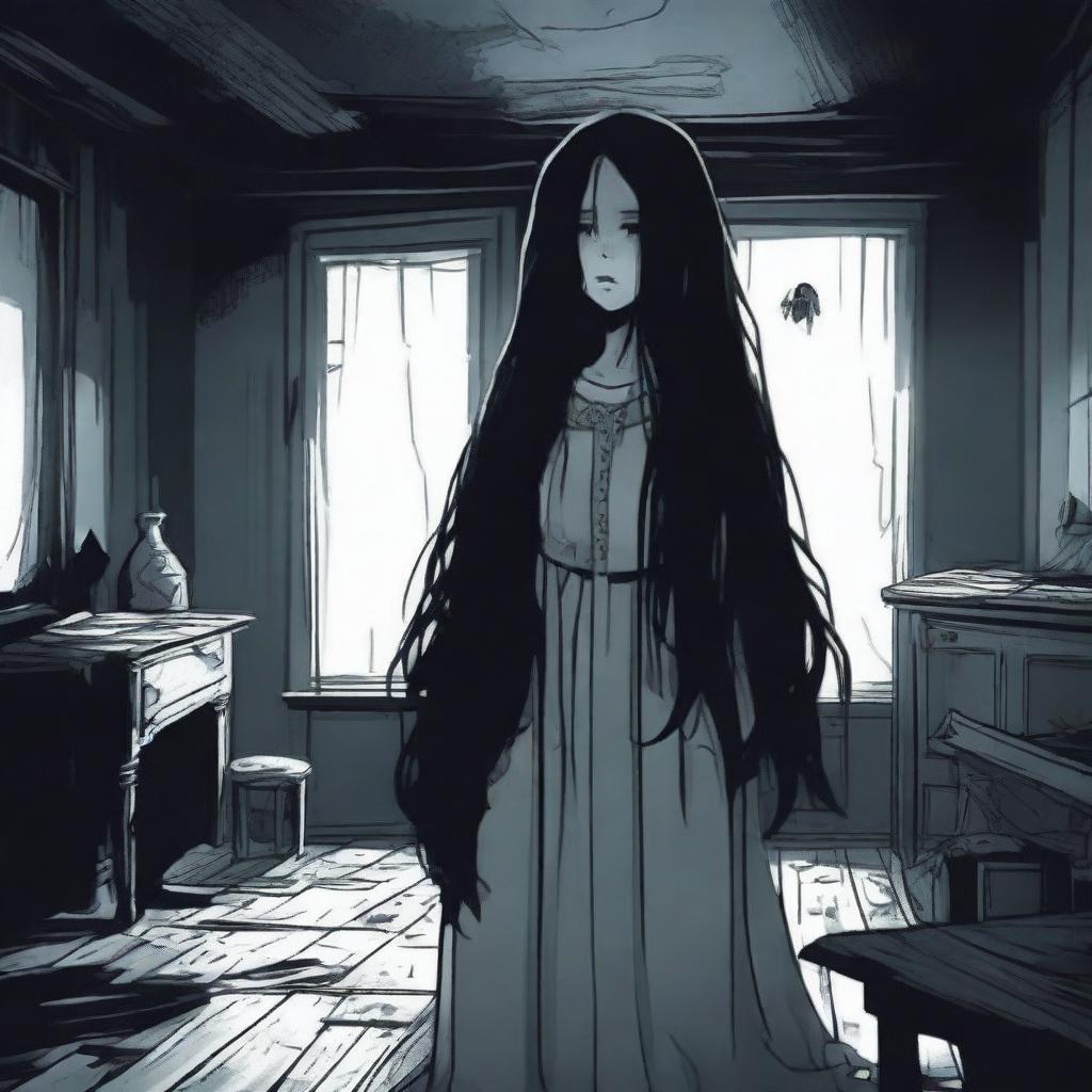 A ghost girl with long black hair lurking in the darkness of a dark attic