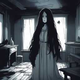 A ghost girl with long black hair lurking in the darkness of a dark attic