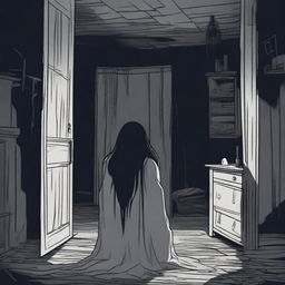 A ghost girl with long black hair lurking in the darkness of a dark attic