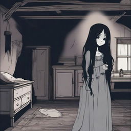 A ghost girl with long black hair lurking in the darkness of a dark attic