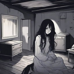 A ghost girl with long black hair lurking in the darkness of a dark attic
