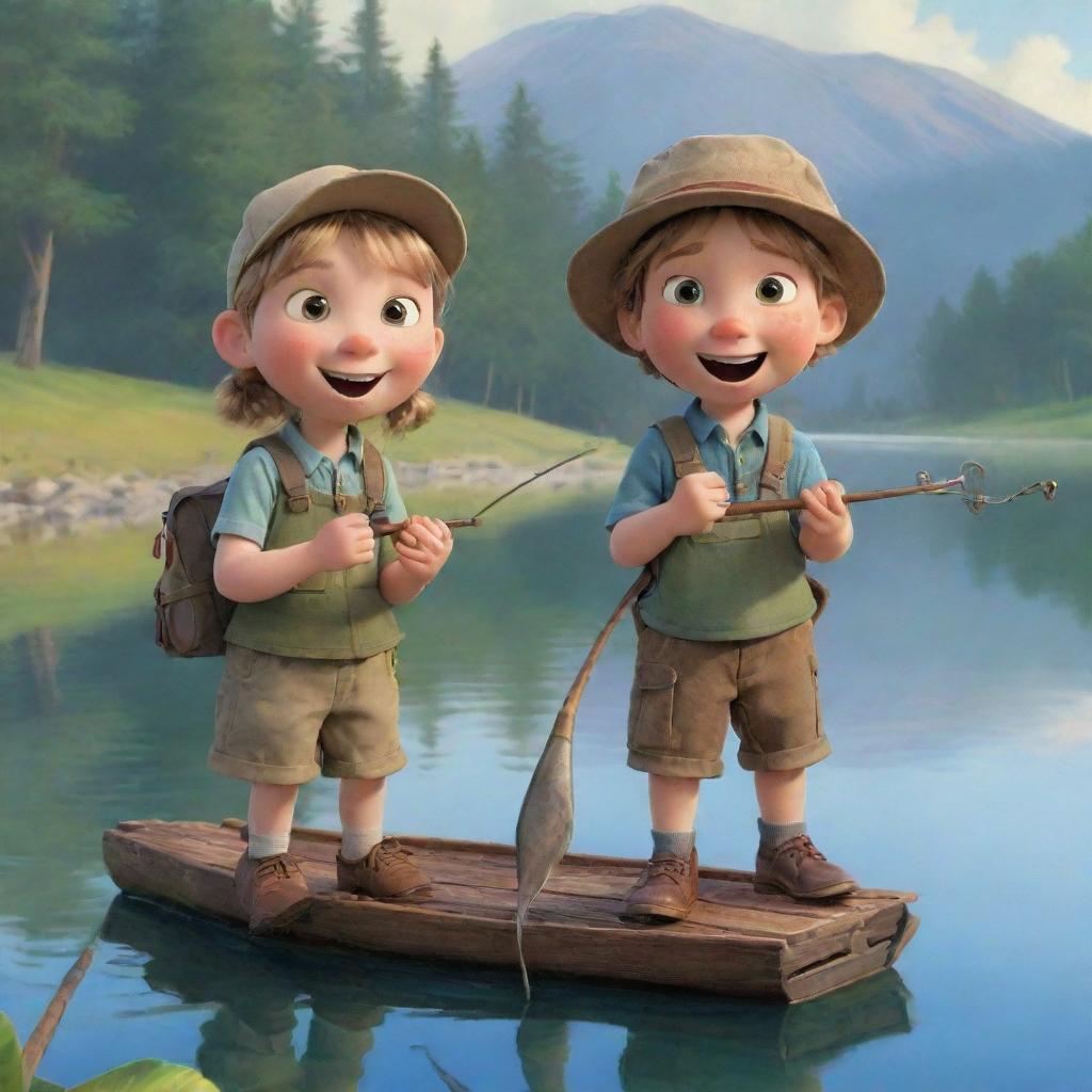 Finn and Fiona, the children's book characters, with expressions of awe and surprise as they discover an enchanting old fishing rod amongst their gear while by the lake.