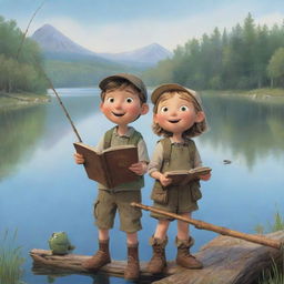 Finn and Fiona, the children's book characters, with expressions of awe and surprise as they discover an enchanting old fishing rod amongst their gear while by the lake.