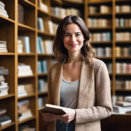 A resilient and independent woman in her early 30s, standing confidently in her cozy local bookshop
