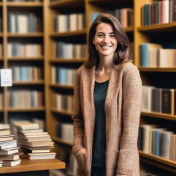 A resilient and independent woman in her early 30s, standing confidently in her cozy local bookshop