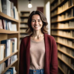 A resilient and independent woman in her early 30s, standing confidently in her cozy local bookshop