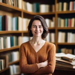 A resilient and independent woman in her early 30s, standing confidently in her cozy local bookshop