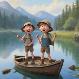 Finn and Fiona, the children's book characters, with expressions of awe and surprise as they discover an enchanting old fishing rod amongst their gear while by the lake.