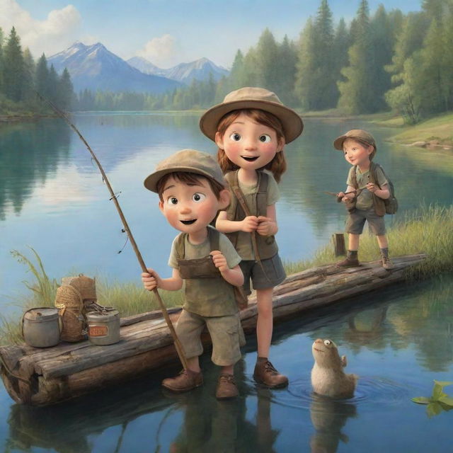 Finn and Fiona, the children's book characters, with expressions of awe and surprise as they discover an enchanting old fishing rod amongst their gear while by the lake.