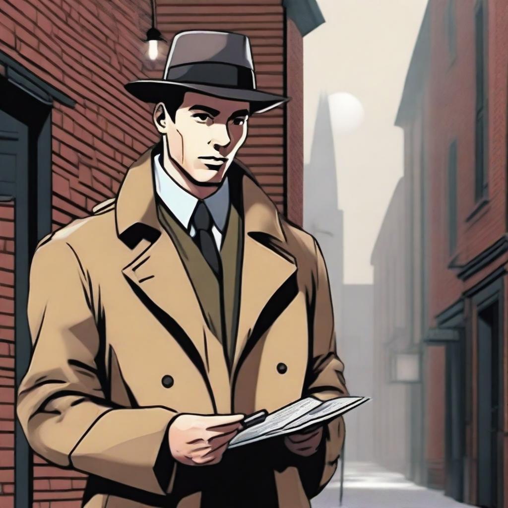 A detective named Marcus Hale stands in a dimly lit alleyway, wearing a classic trench coat and fedora