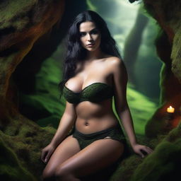 A close-up portrait of a gorgeous busty witch in a mossy cave, sitting and spreading her legs wide