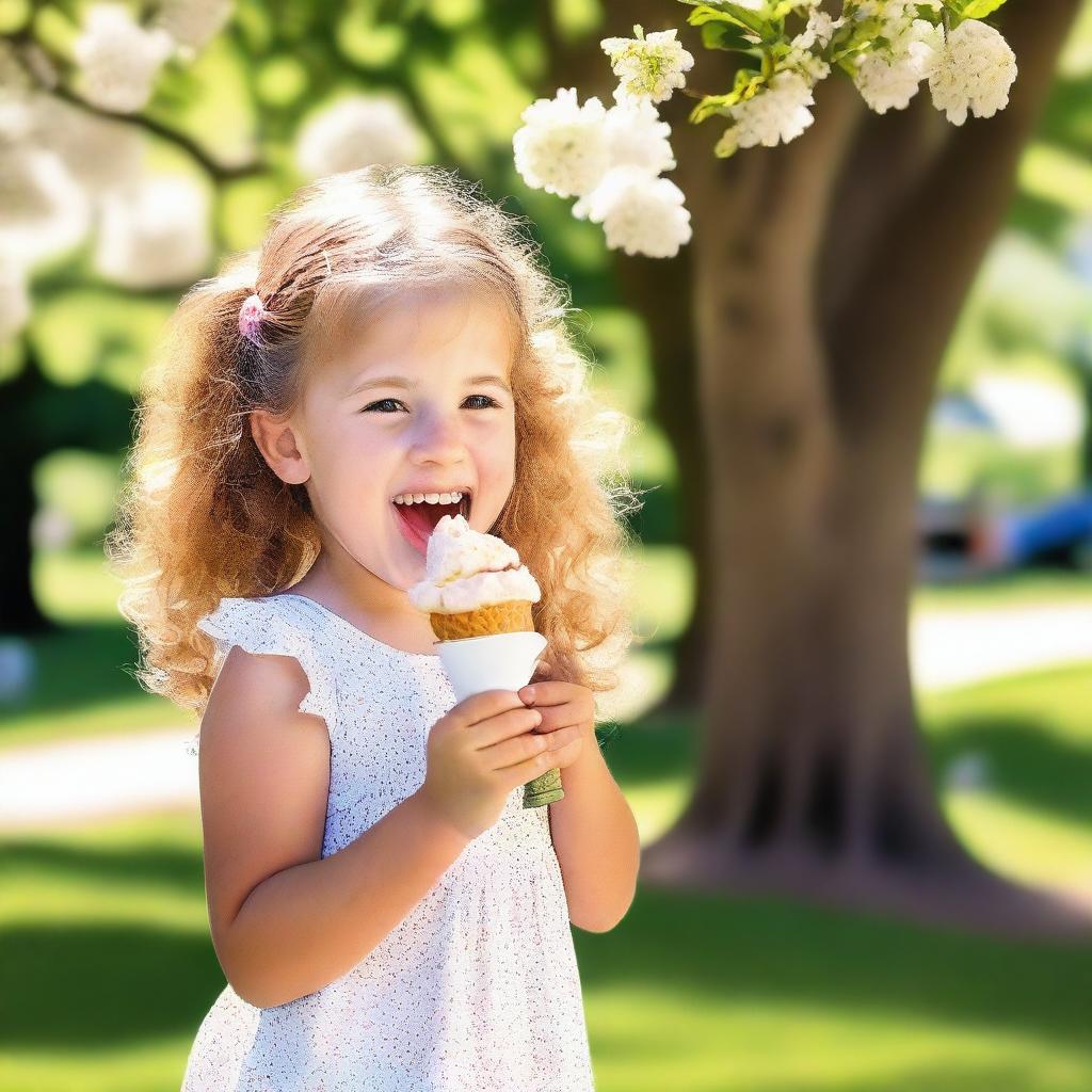 A young girl enjoying licking an ice cream cone with delight