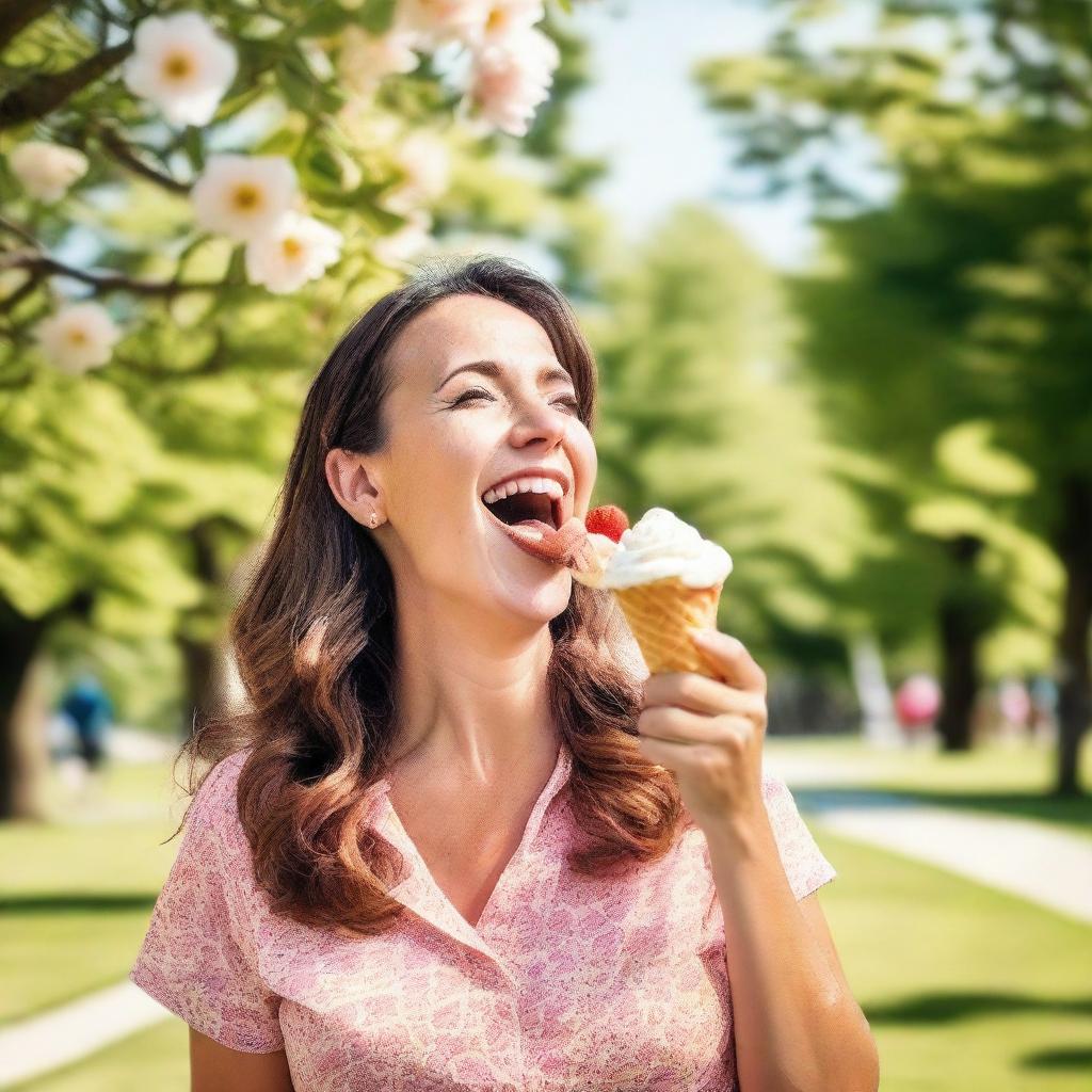 An adult woman enjoying licking an ice cream cone with delight