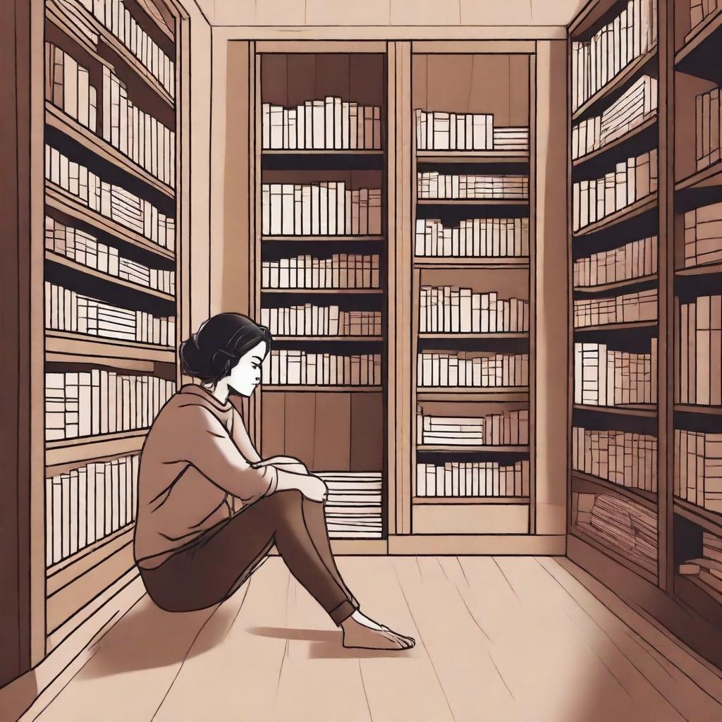 A depressed woman sits alone in a cozy bookstore, surrounded by shelves filled with books