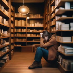 A depressed woman sits alone in a cozy bookstore, surrounded by shelves filled with books