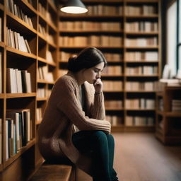 A depressed woman sits alone in a cozy bookstore, surrounded by shelves filled with books