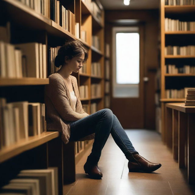 A depressed woman sits alone in a cozy bookstore, surrounded by shelves filled with books