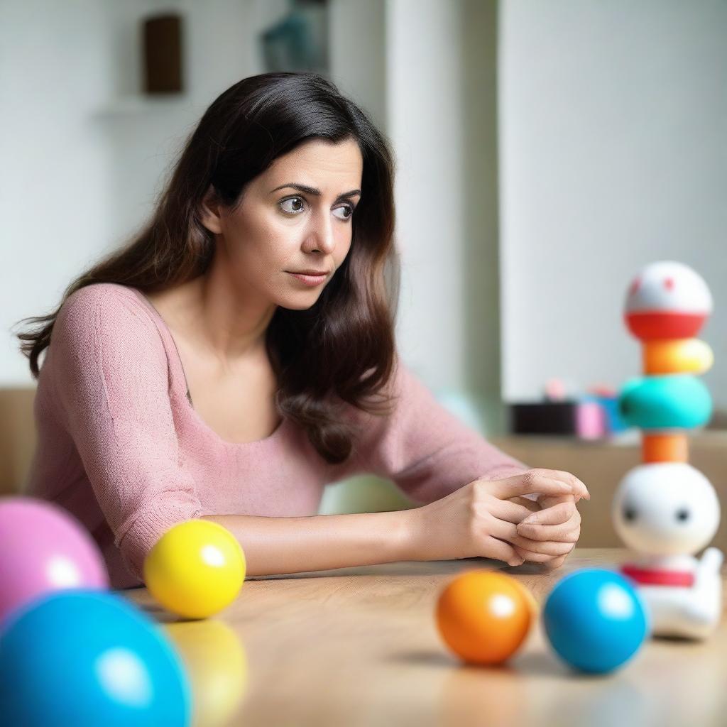 An adult woman staring at an adult toy with a curious expression