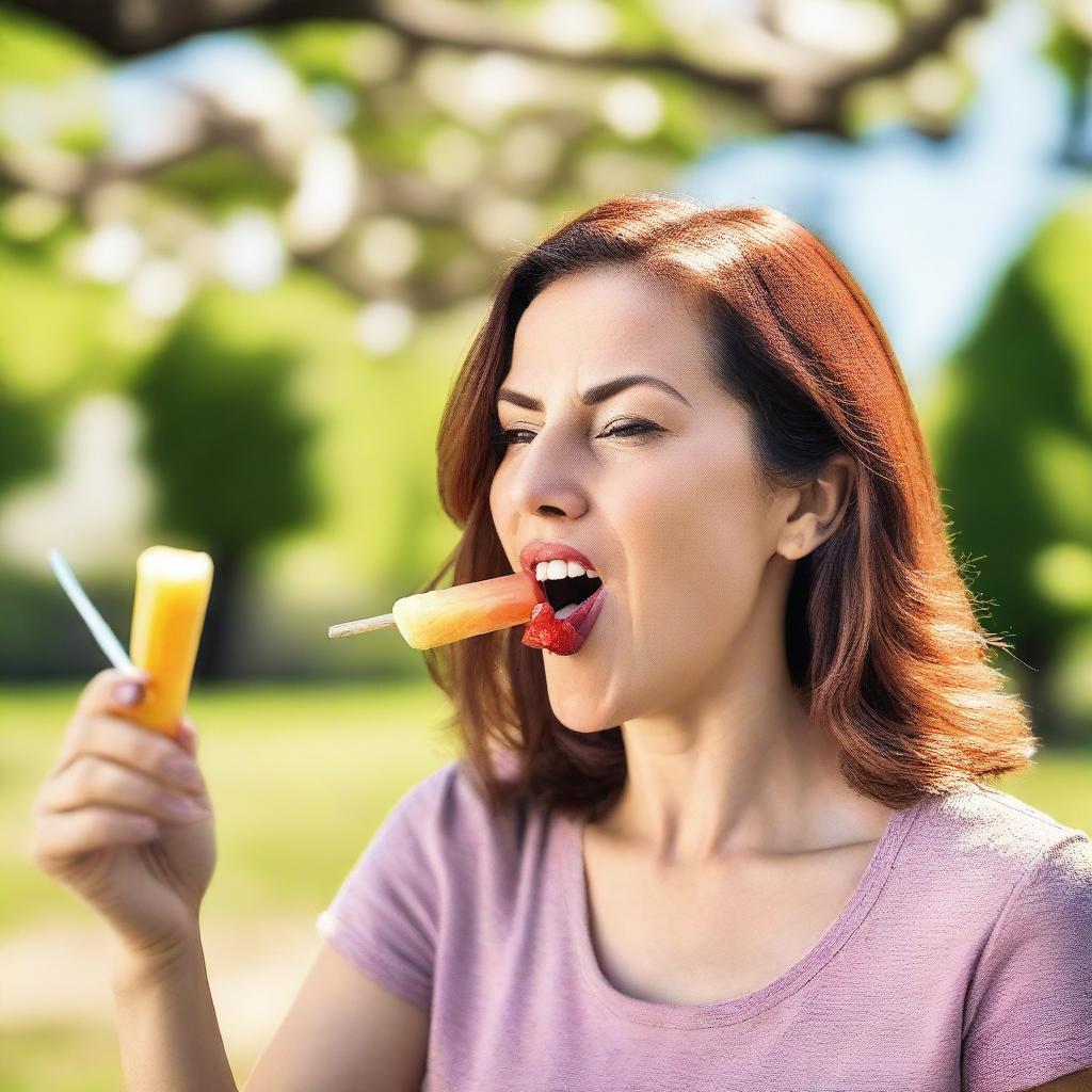An adult woman inserting a popsicle into her mouth with a playful expression