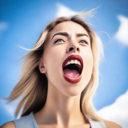A young woman with her mouth open and tongue sticking out, looking up towards the sky