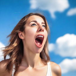 A young woman with her mouth open and tongue sticking out, looking up towards the sky