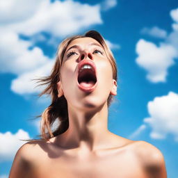 A young woman with her mouth open and tongue sticking out, looking up towards the sky
