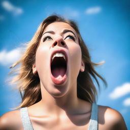 A young woman with her mouth open and tongue sticking out, looking up towards the sky