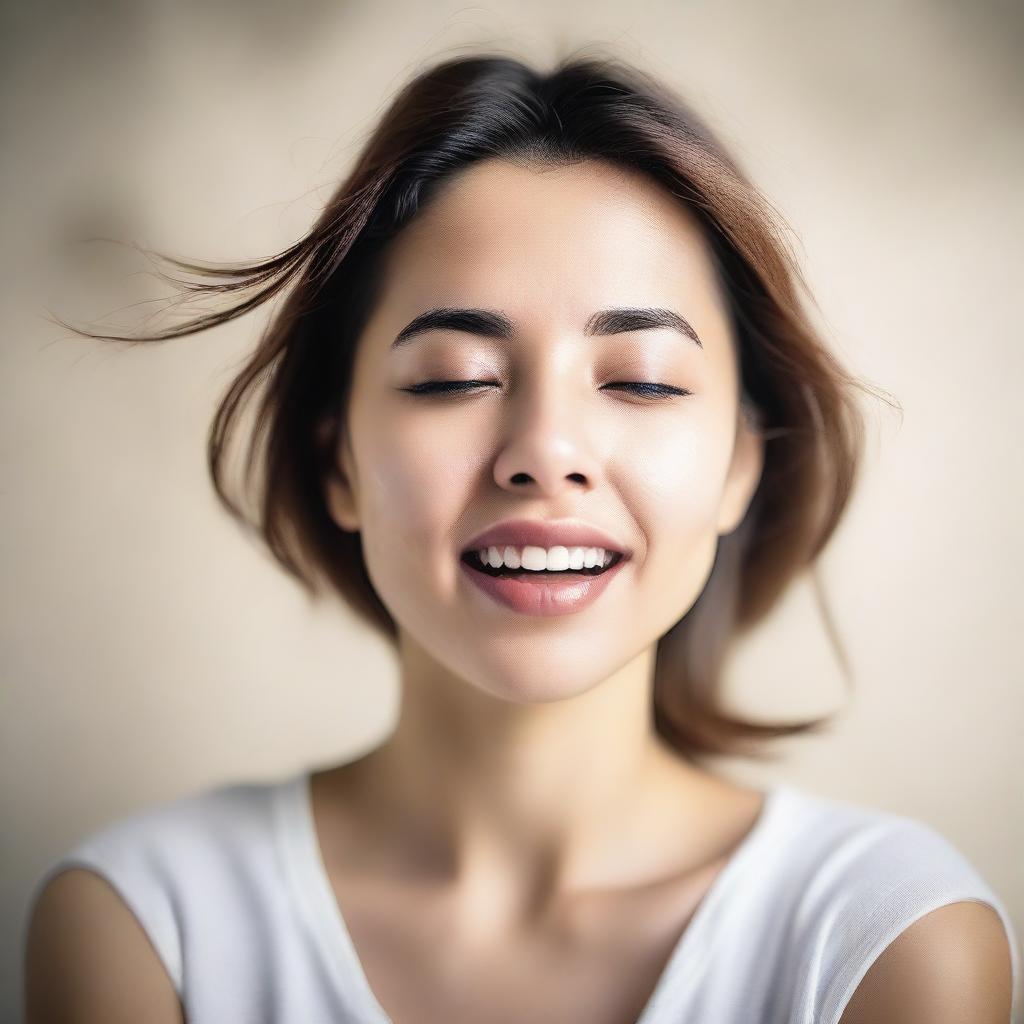 A young woman with an expression of intense pleasure on her face