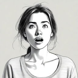 A realistic depiction of a young woman with an expression of surprise and awe on her face