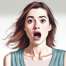 A realistic depiction of a young woman with an expression of surprise and awe on her face