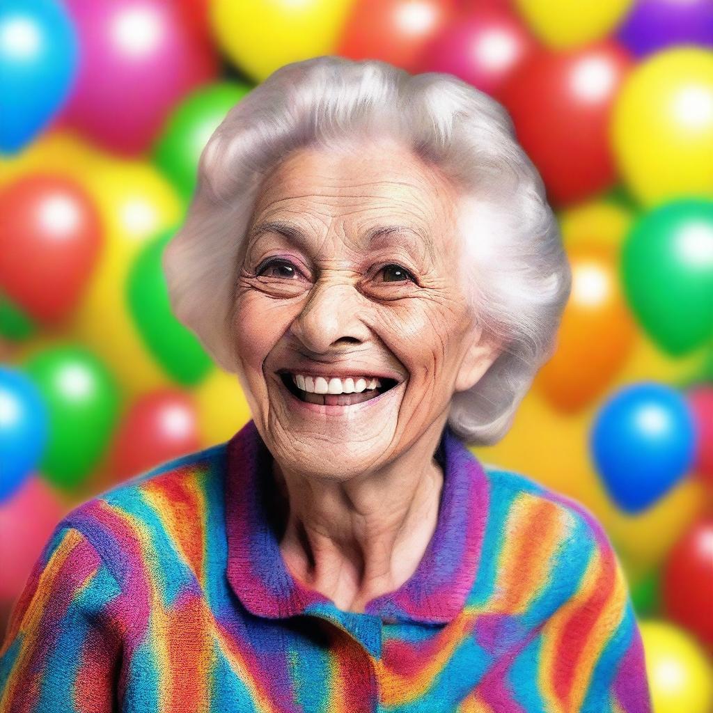 An elderly woman with an excited expression on her face