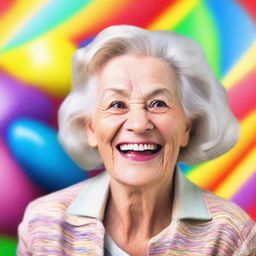 An elderly woman with an excited expression on her face