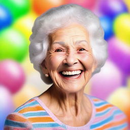 An elderly woman with an excited expression on her face