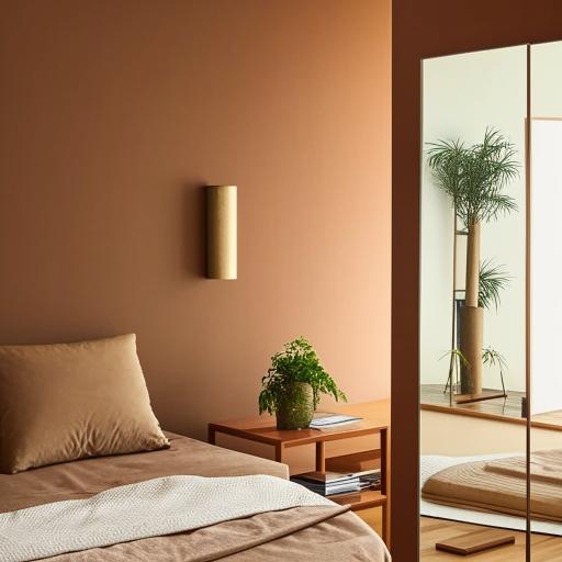 A minimalist bedroom with a soothing palette of earthy brown tones, accentuated with greenery and mirrors. A pillar located near the bed is integrated into the design, disguised aesthetically.