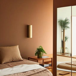 A minimalist bedroom with a soothing palette of earthy brown tones, accentuated with greenery and mirrors. A pillar located near the bed is integrated into the design, disguised aesthetically.