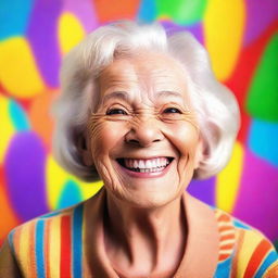 An elderly woman with an excited expression on her face