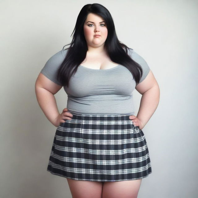 Create a full-body realistic photo of a very overweight girl with black hair, blue eyes, freckles, very large breasts, and a very large butt