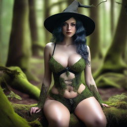 A close-up portrait of a gorgeous busty and skinny witch in a bright mossy forest, sitting and spreading her legs wide