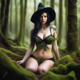 A close-up portrait of a gorgeous busty and skinny witch in a bright mossy forest, sitting and spreading her legs wide