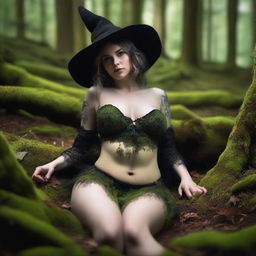 A close-up portrait of a gorgeous busty and skinny witch in a bright mossy forest, laying down and holding her legs wide open