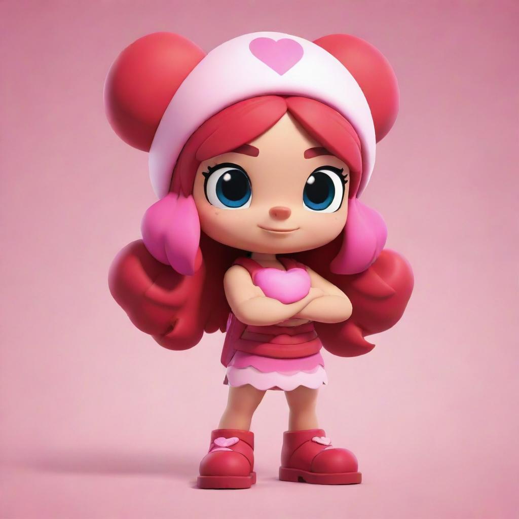 Lola from Brawl Stars character skin, reimagined in a Valentine's Day theme, adorned with heart motifs, red and pink colors and romantic elements.