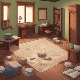 A scene depicting hidden clues scattered around a room