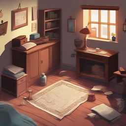 A scene depicting hidden clues scattered around a room