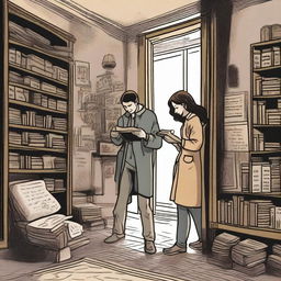 A man and woman are discovering hidden clues in a room filled with various objects like books, paintings, and furniture