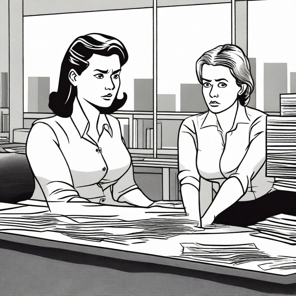 A woman is in an office, looking frightened as her boss stands over her desk