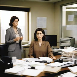 A woman is in an office, looking frightened as her boss stands over her desk