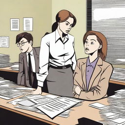 A woman is in an office, looking frightened as her boss stands over her desk